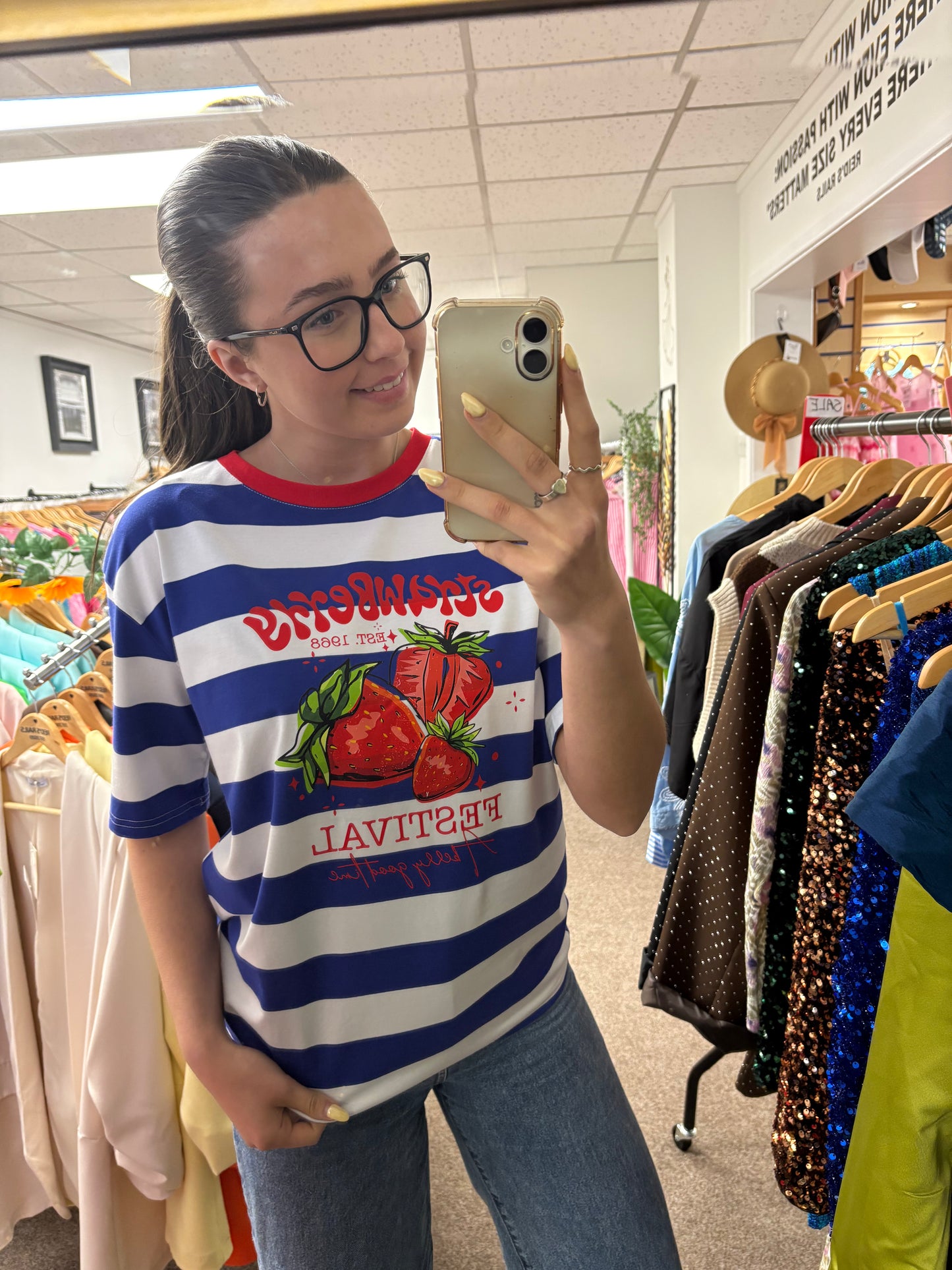 Strawberry graphic striped top